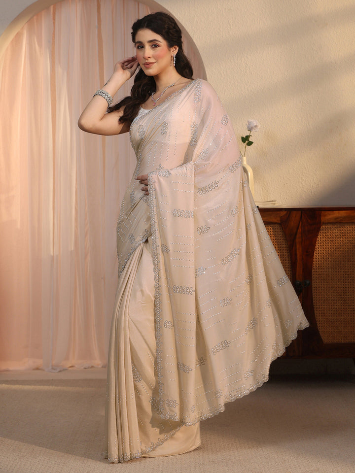 Libas Cream Stone Work Embellished Satin Saree with Scalloped Border