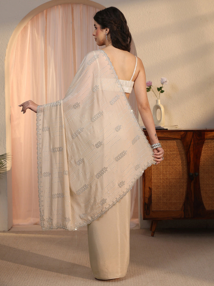 Libas Cream Stone Work Embellished Satin Saree with Scalloped Border
