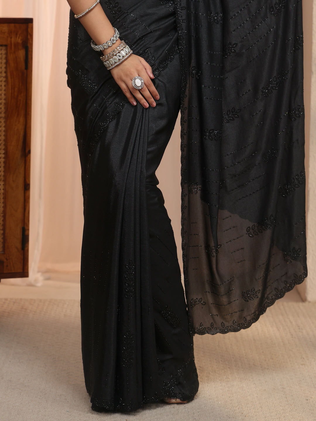 Libas Black Stone Work Embellished Satin Saree with Scalloped Border