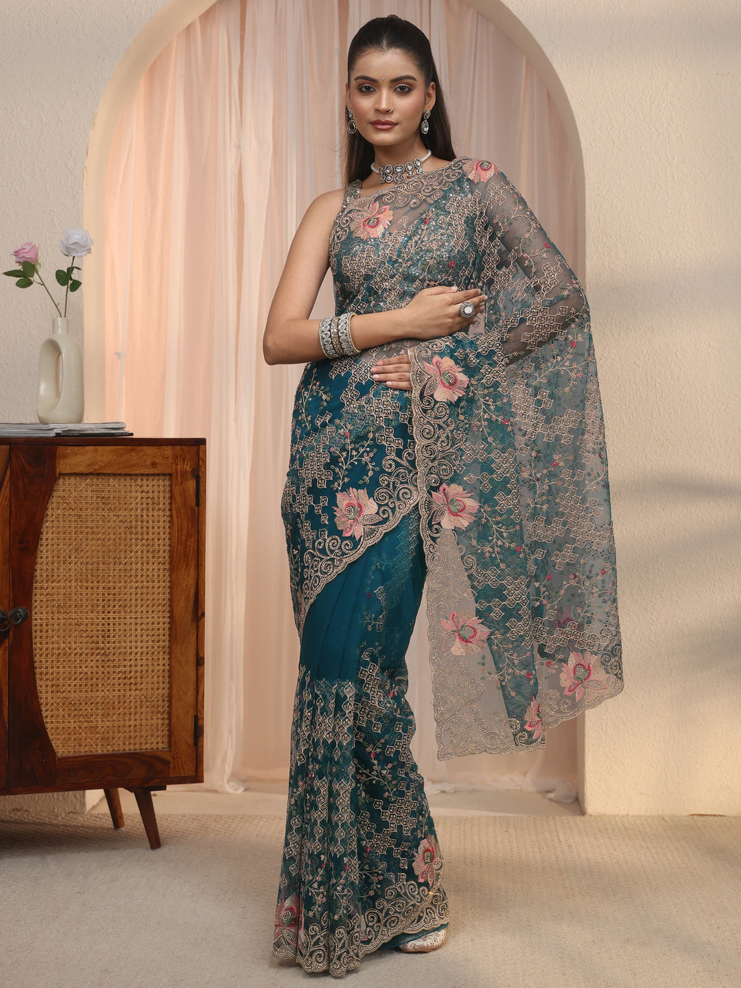 Libas Art Teal Blue Floral Embroidered Stone Work Net Saree