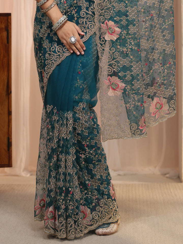 Libas Art Teal Blue Floral Embroidered Stone Work Net Saree