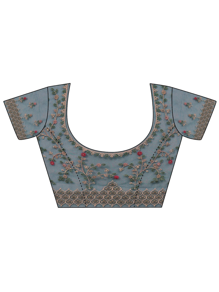 Libas Art Teal Blue Floral Embroidered Stone Work Net Saree
