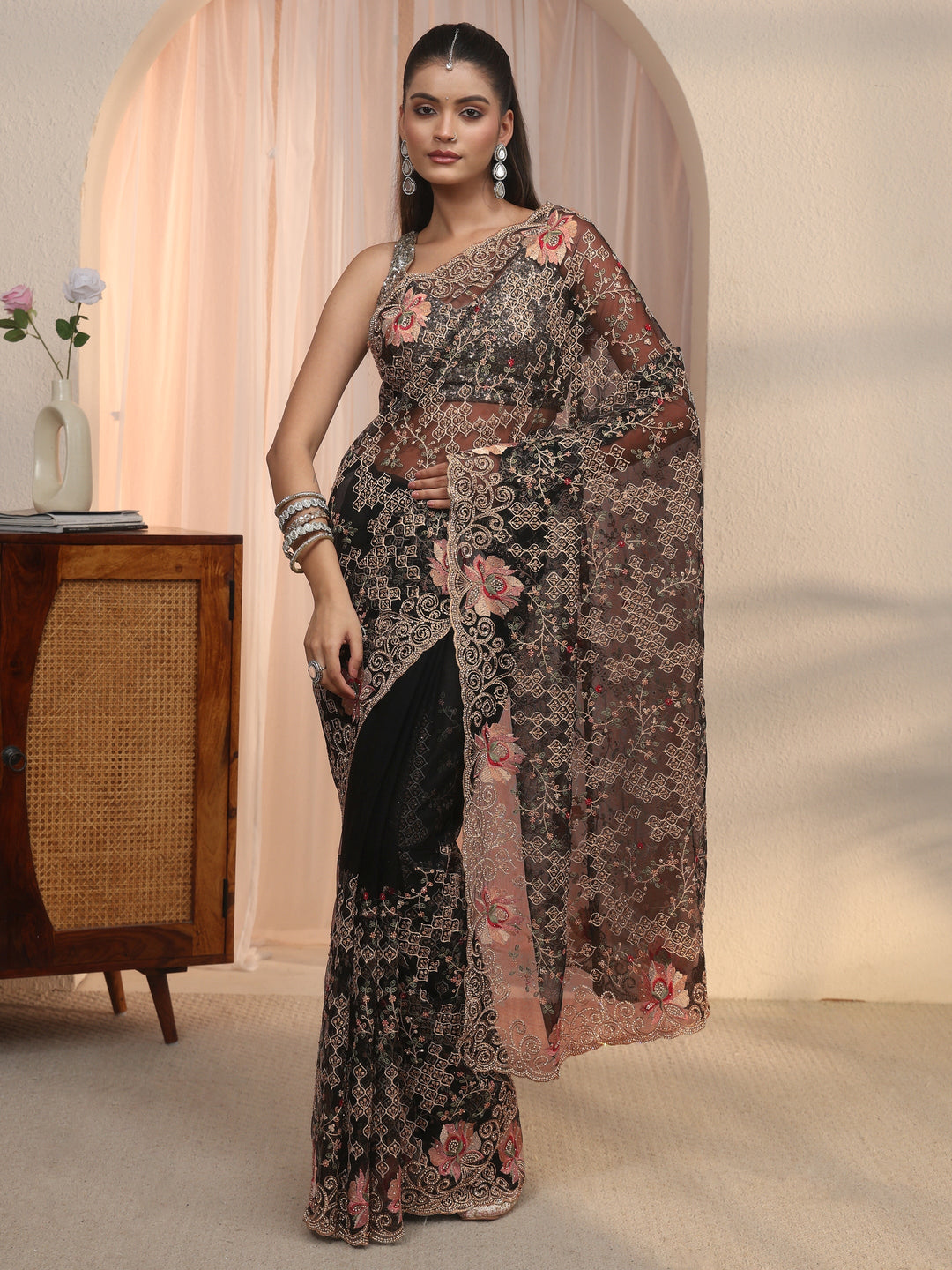 Libas Art Black Floral Embroidered Stone Work Net Saree