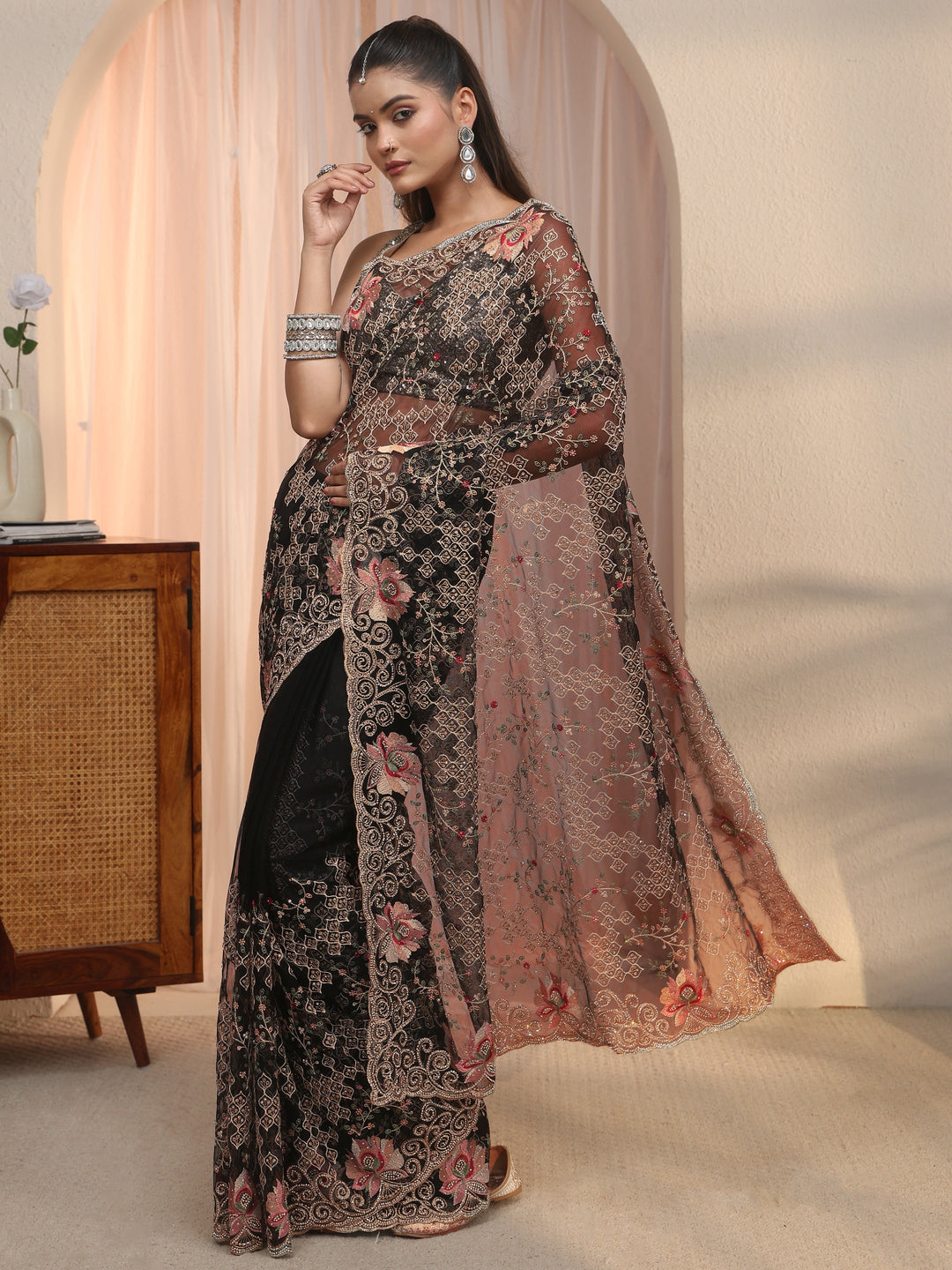 Libas Art Black Floral Embroidered Stone Work Net Saree