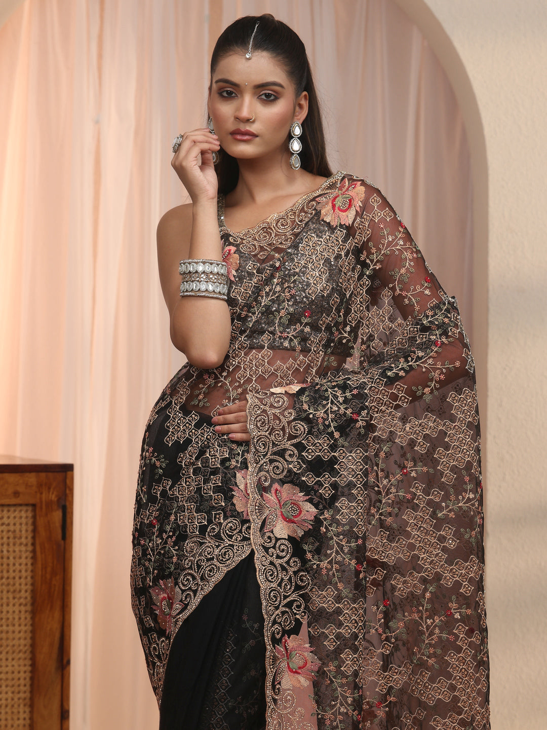 Libas Art Black Floral Embroidered Stone Work Net Saree