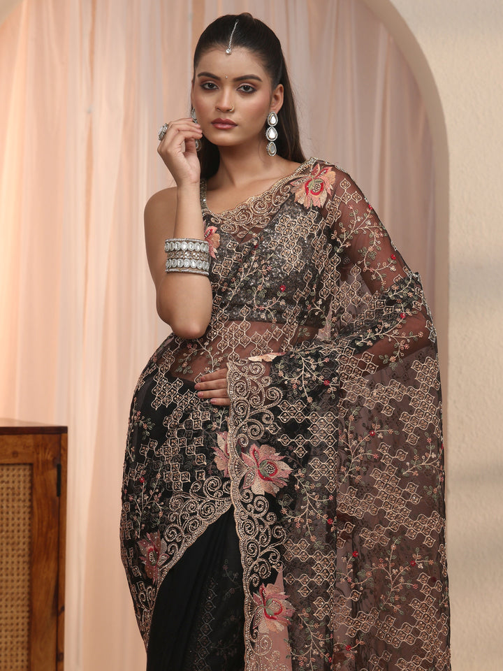 Libas Art Black Floral Embroidered Stone Work Net Saree