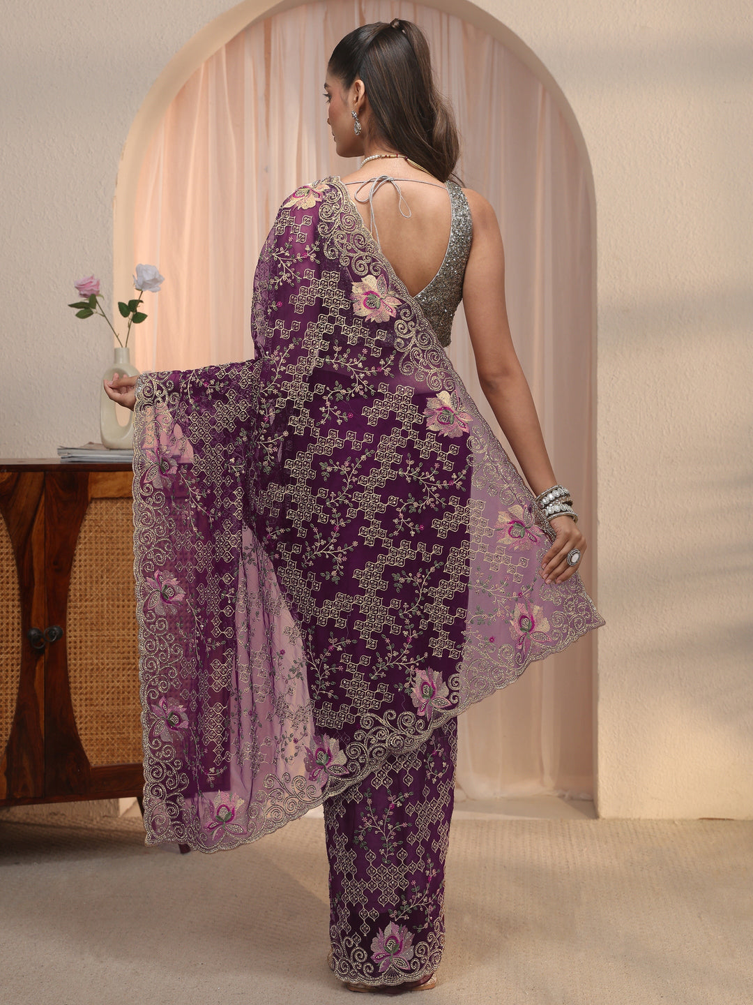 Libas Art Burgundy Floral Embroidered Stone Work Net Saree