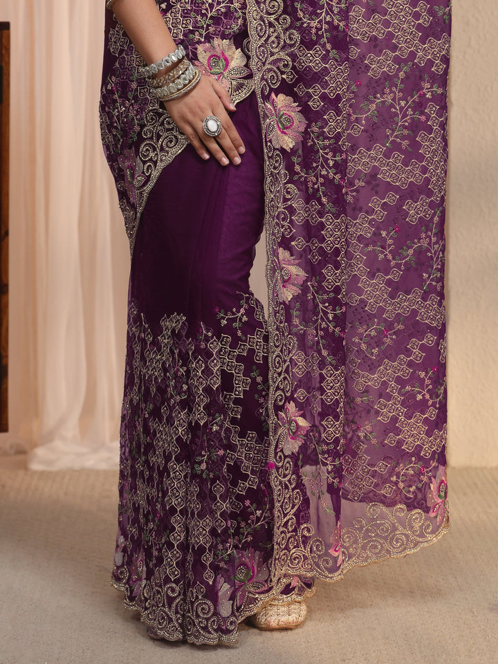 Libas Art Burgundy Floral Embroidered Stone Work Net Saree