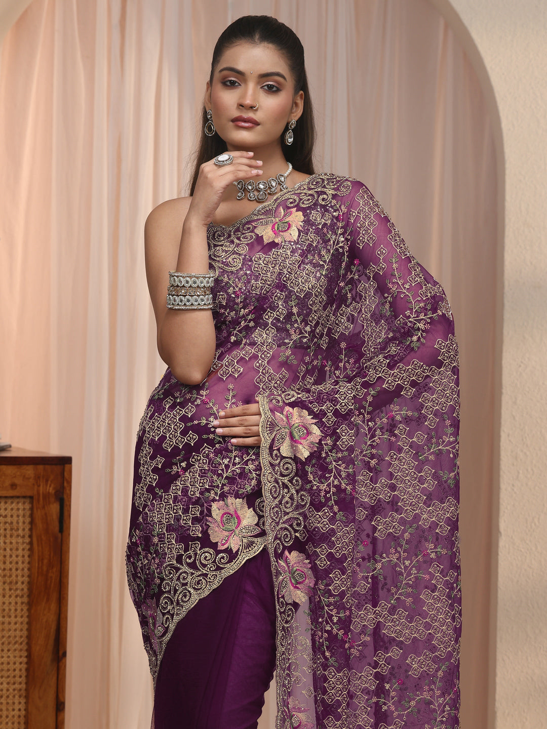 Libas Art Burgundy Floral Embroidered Stone Work Net Saree