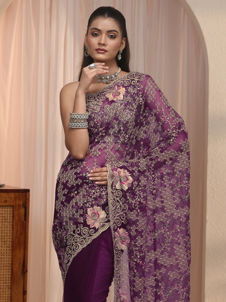 Libas Art Burgundy Floral Embroidered Stone Work Net Saree