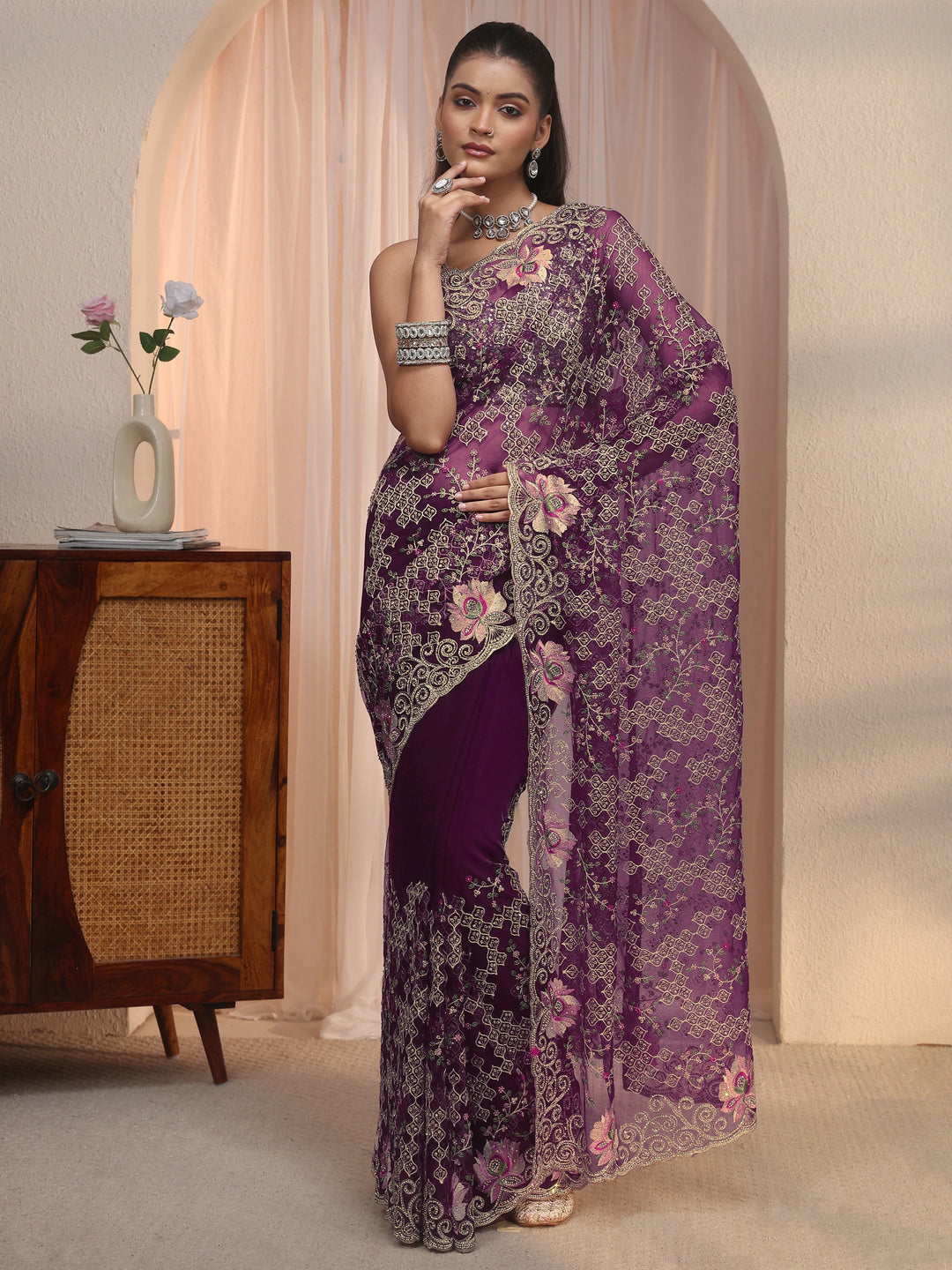 Libas Art Burgundy Floral Embroidered Stone Work Net Saree
