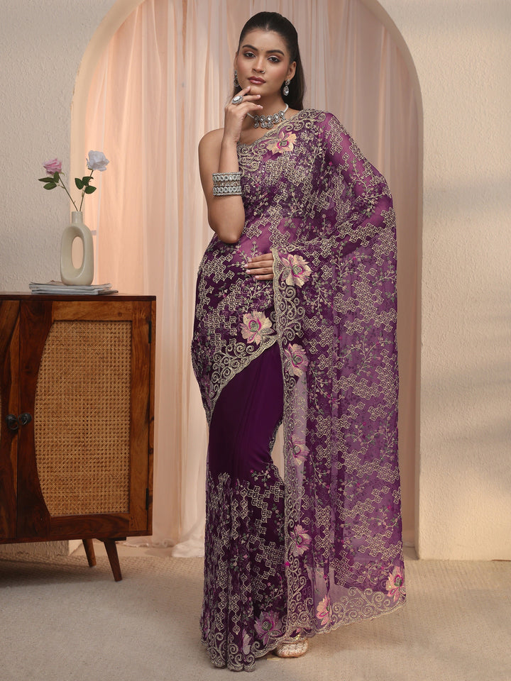 Libas Art Burgundy Floral Embroidered Stone Work Net Saree