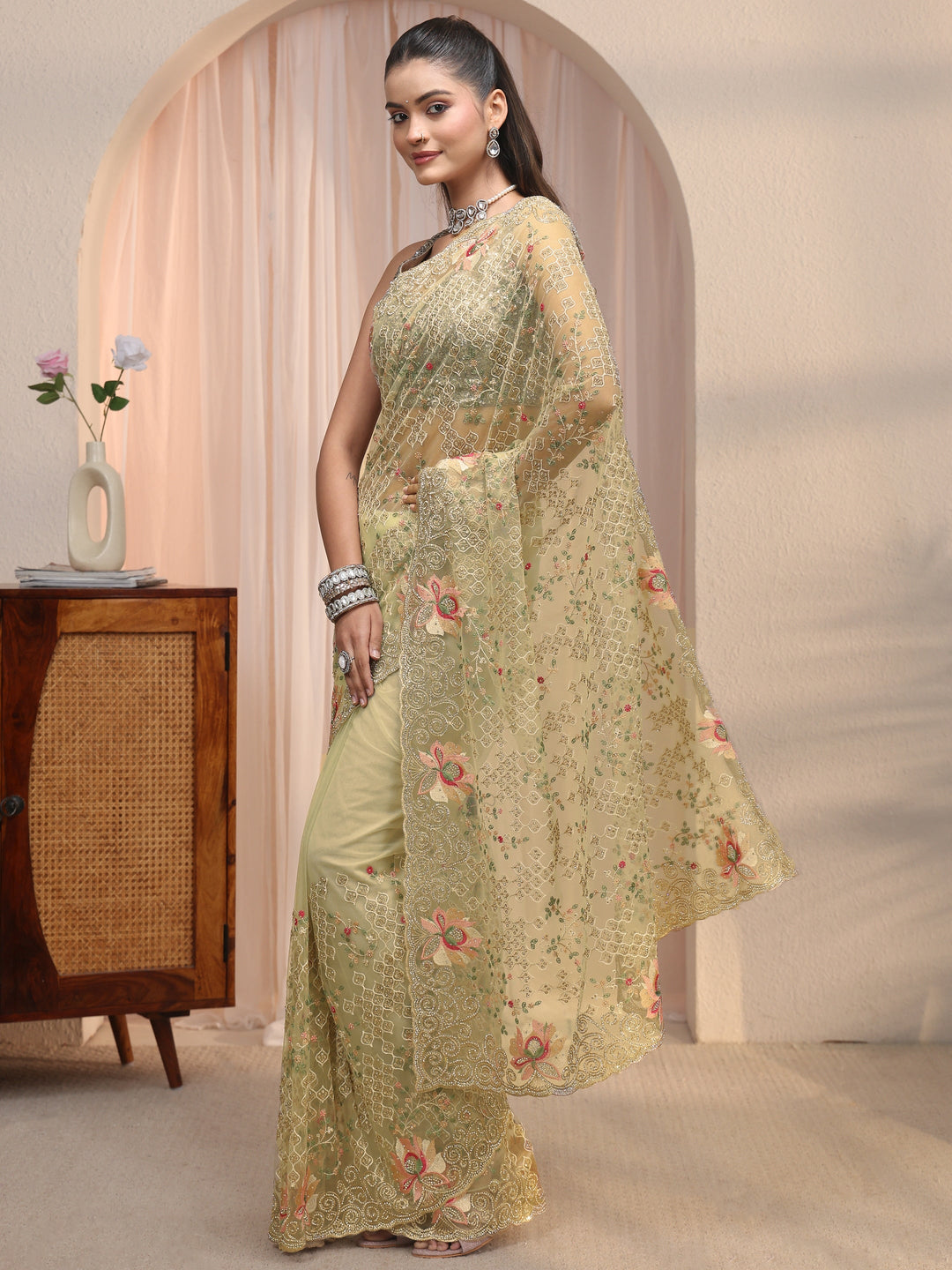 Libas Art Green Floral Embroidered Stone Work Net Saree