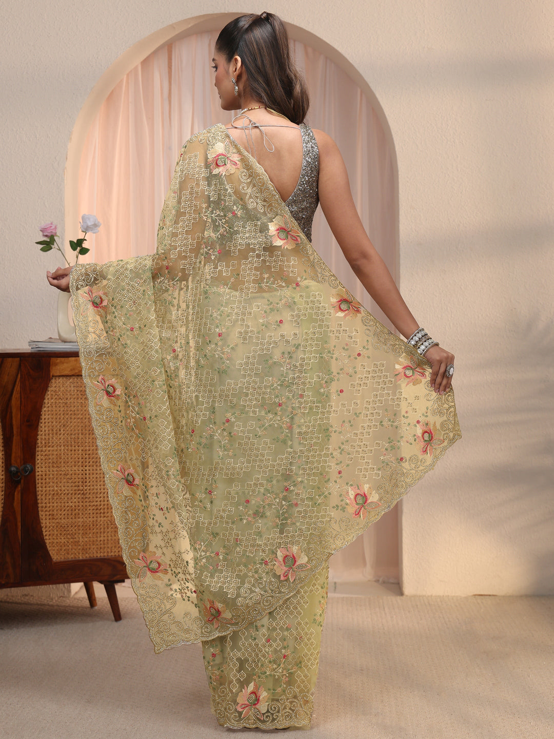 Libas Art Green Floral Embroidered Stone Work Net Saree