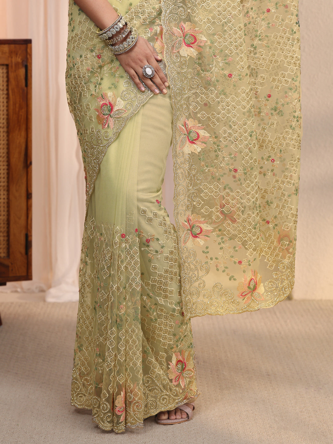 Libas Art Green Floral Embroidered Stone Work Net Saree