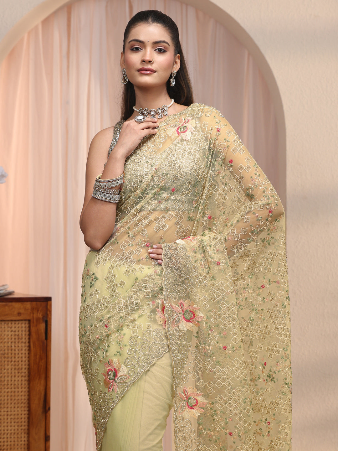 Libas Art Green Floral Embroidered Stone Work Net Saree