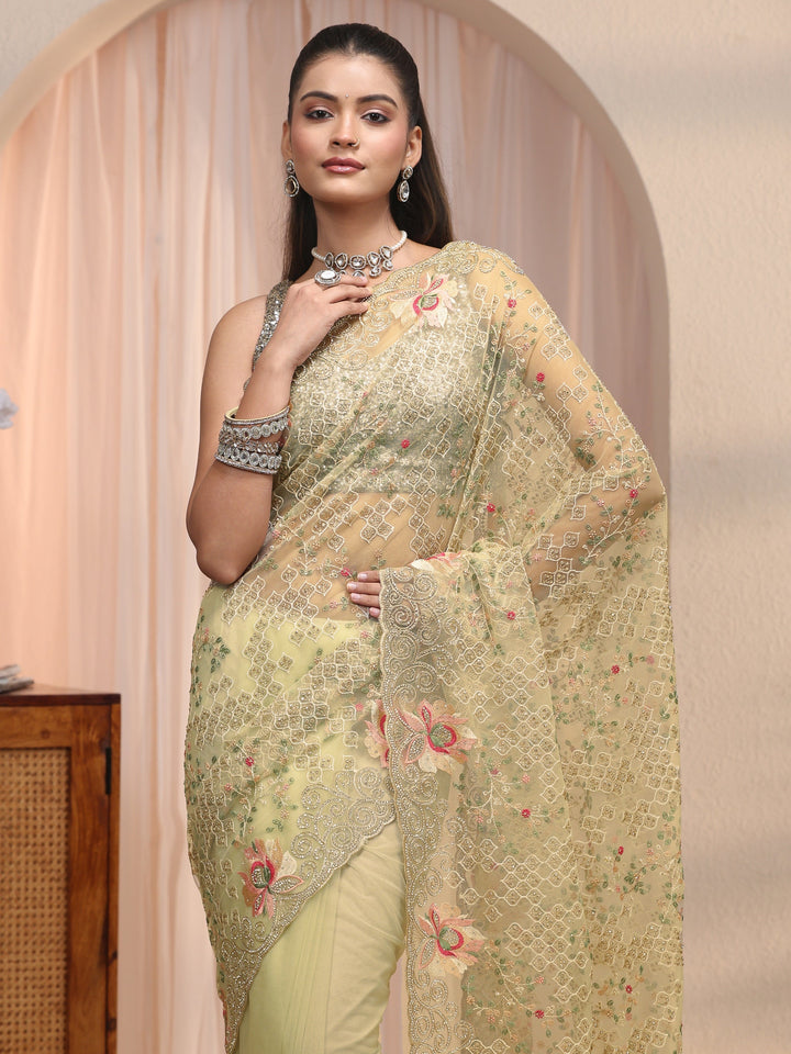 Libas Art Green Floral Embroidered Stone Work Net Saree