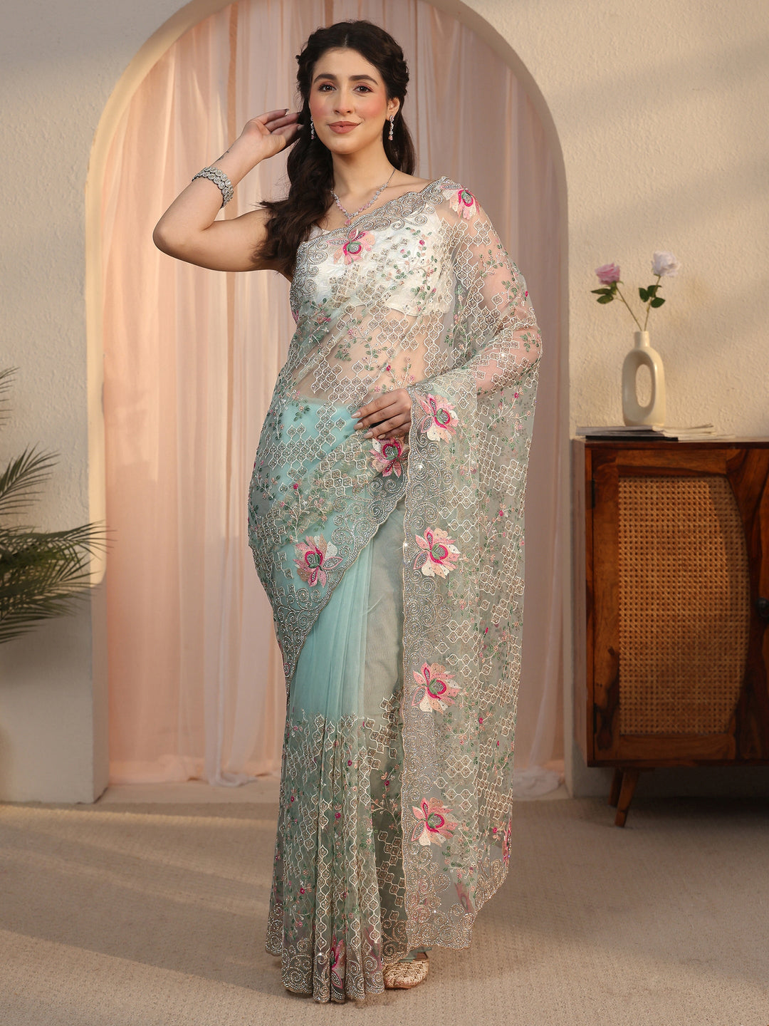 Libas Art Blue Floral Embroidered Stone Work Net Saree