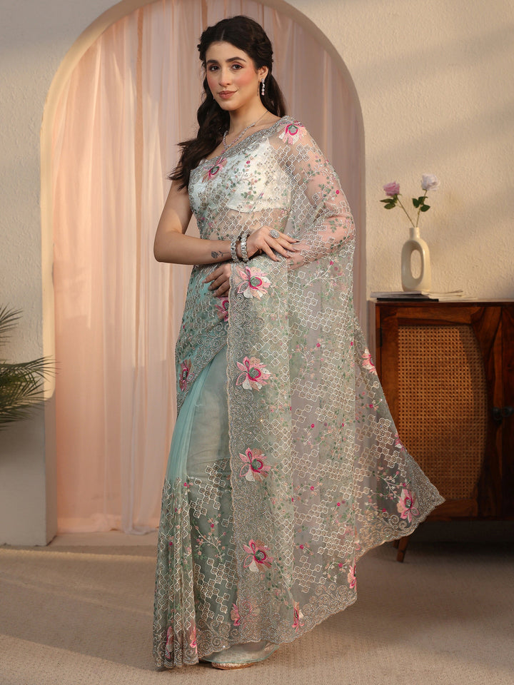 Libas Art Blue Floral Embroidered Stone Work Net Saree