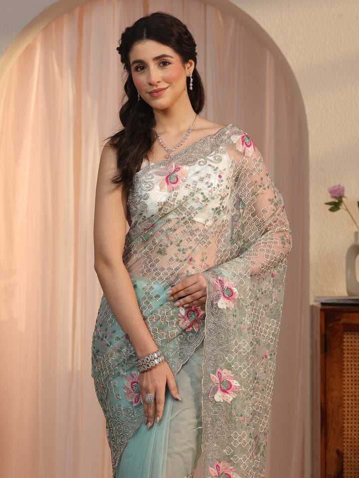 Libas Art Blue Floral Embroidered Stone Work Net Saree