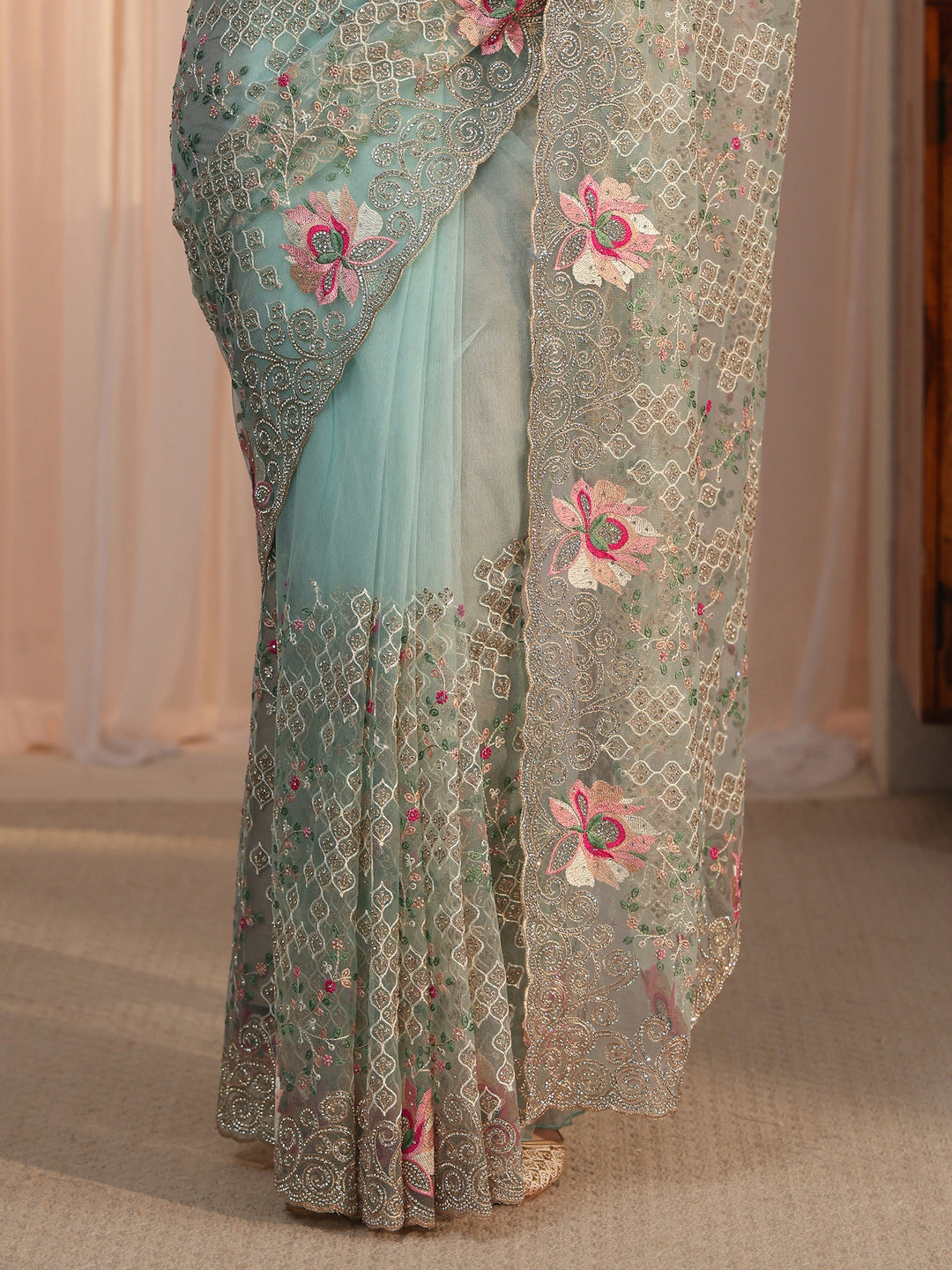 Libas Art Blue Floral Embroidered Stone Work Net Saree