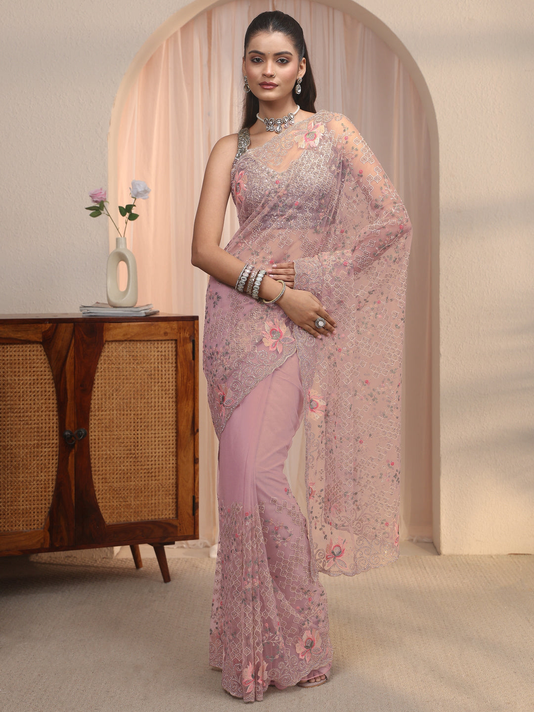 Libas Art Lavender Floral Embroidered Stone Work Net Saree