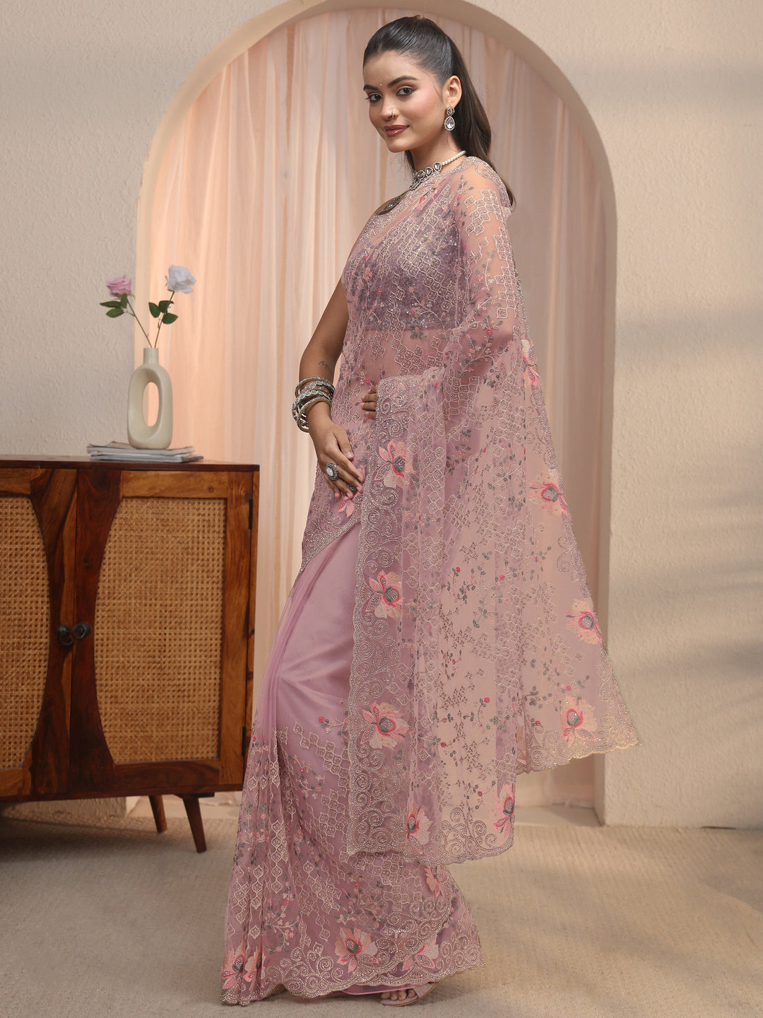 Libas Art Lavender Floral Embroidered Stone Work Net Saree