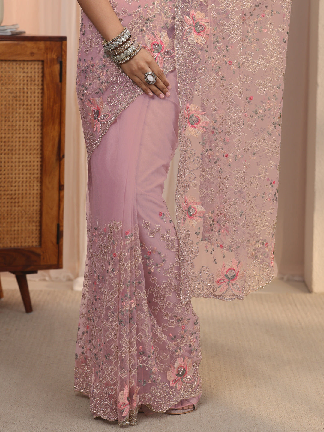 Libas Art Lavender Floral Embroidered Stone Work Net Saree