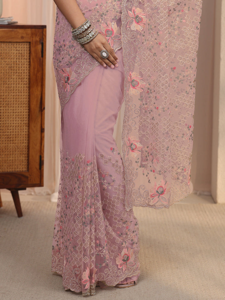 Libas Art Lavender Floral Embroidered Stone Work Net Saree