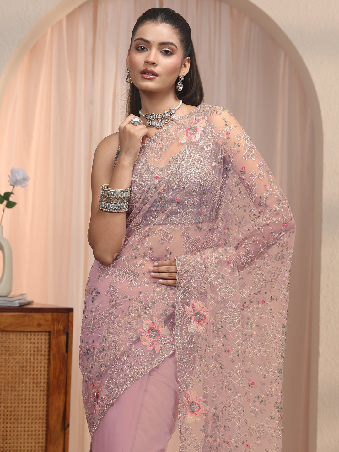 Libas Art Lavender Floral Embroidered Stone Work Net Saree