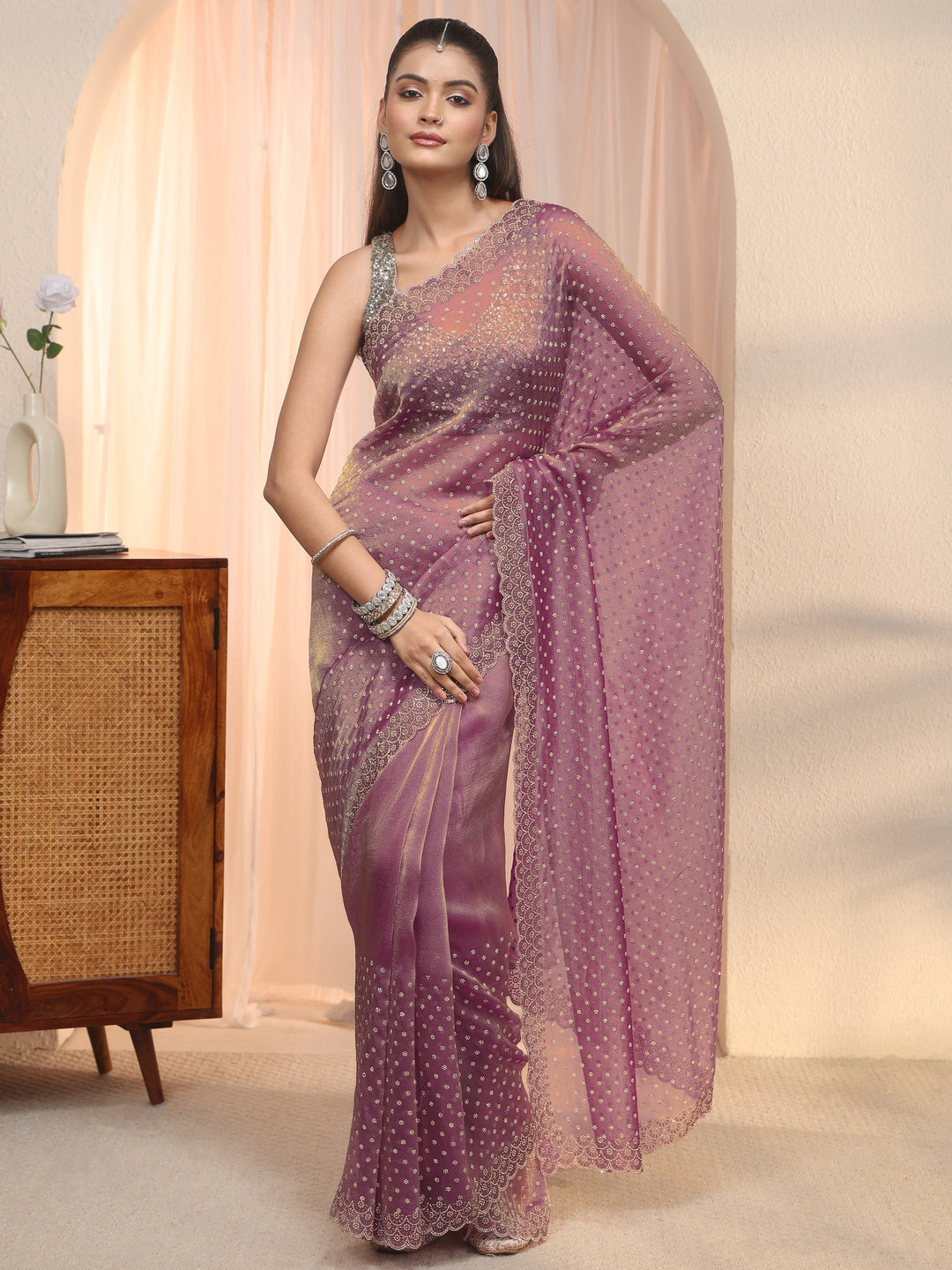 Libas Purple Stone Work Embellished Tissue Saree with Scalloped Border