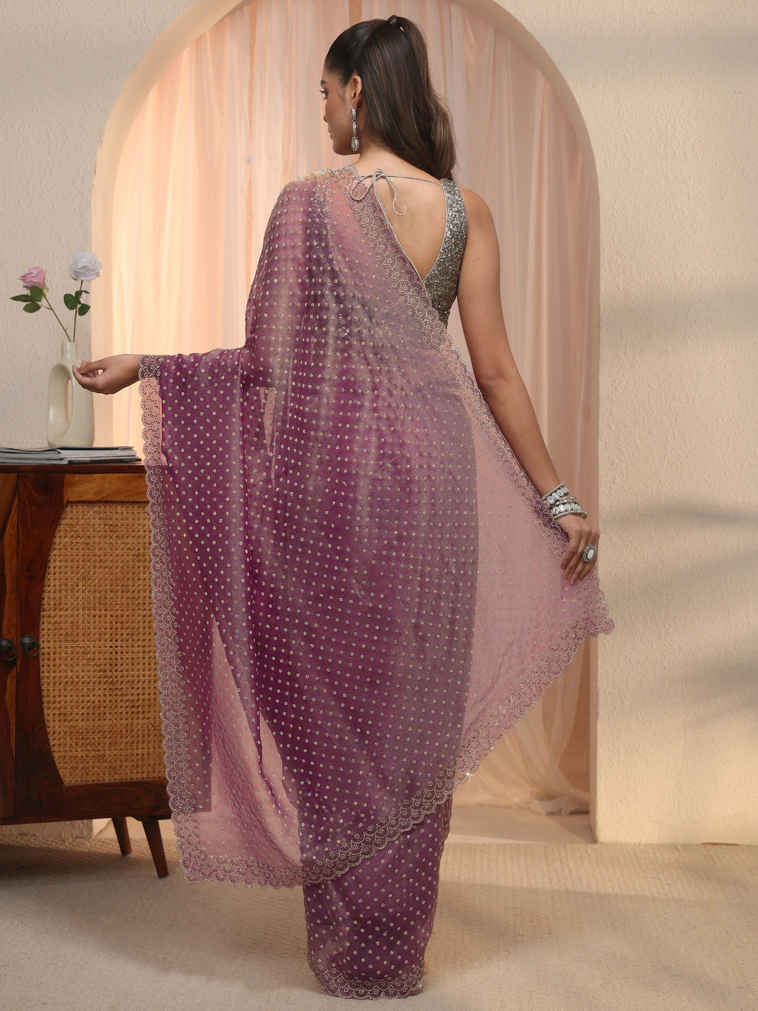 Libas Purple Stone Work Embellished Tissue Saree with Scalloped Border