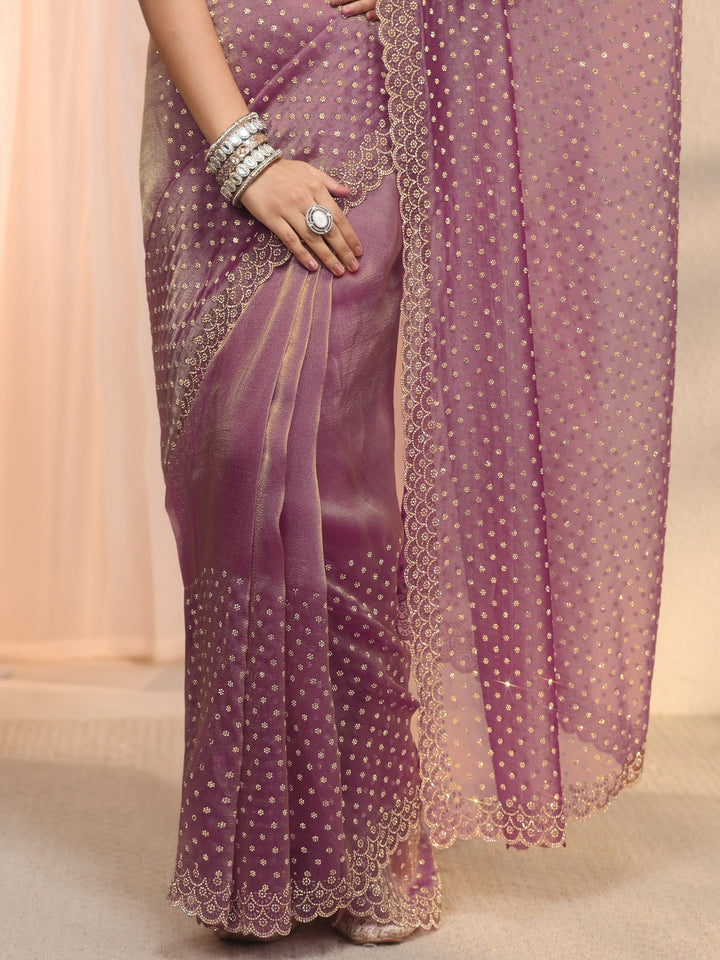 Libas Purple Stone Work Embellished Tissue Saree with Scalloped Border