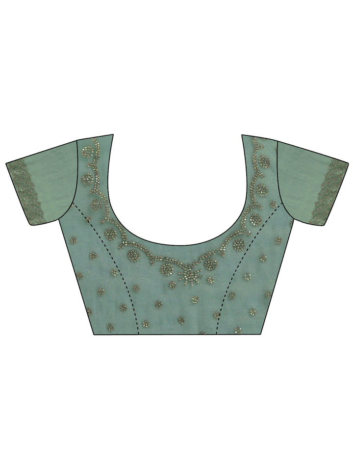 Libas Green Stone Work Embellished Tissue Saree with Scalloped Border