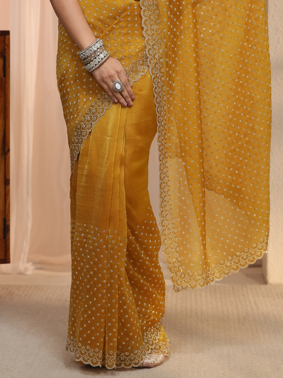 Libas Mustard Stone Work Embellished Tissue Saree with Scalloped Border