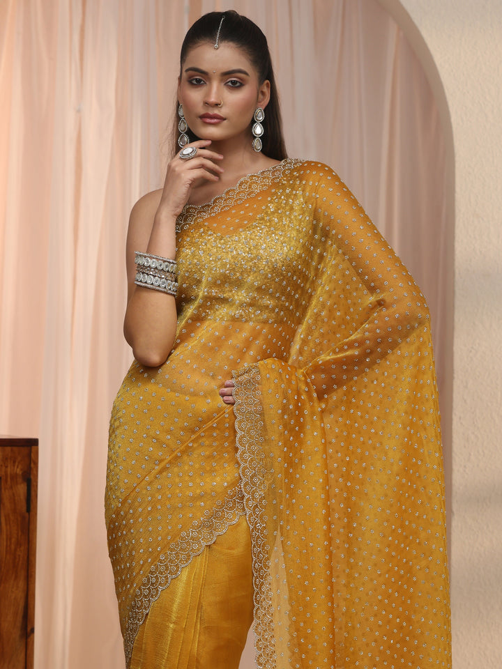 Libas Mustard Stone Work Embellished Tissue Saree with Scalloped Border