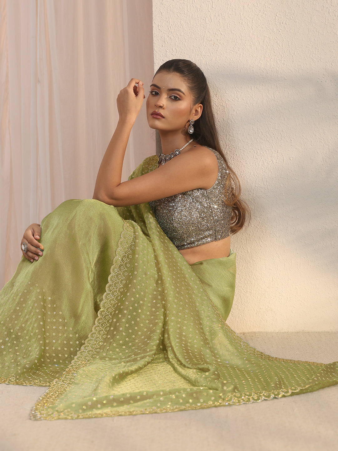 Libas Green Embellished Tissue Saree with Scalloped Border