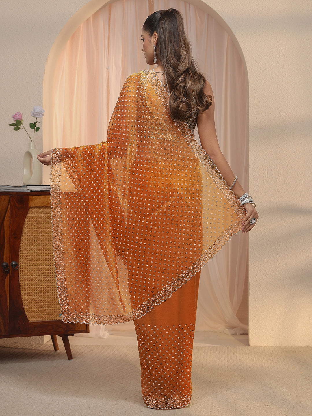 Libas Orange Embellished Tissue Saree with Scalloped Border