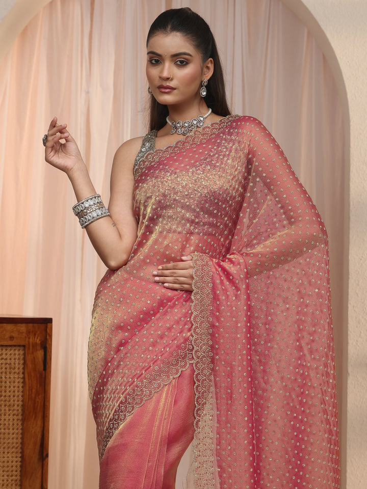 Libas Pink Stone Work Embellished Tissue Saree with Scalloped Border