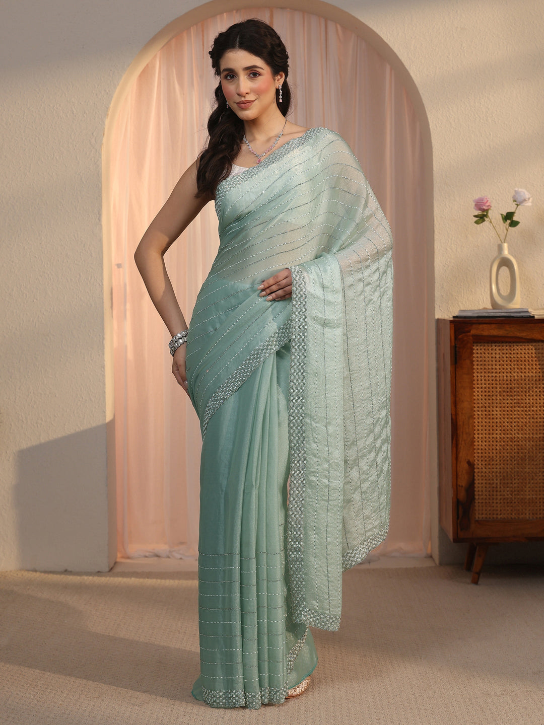 Libas Powder Blue Embellished Tissue Saree