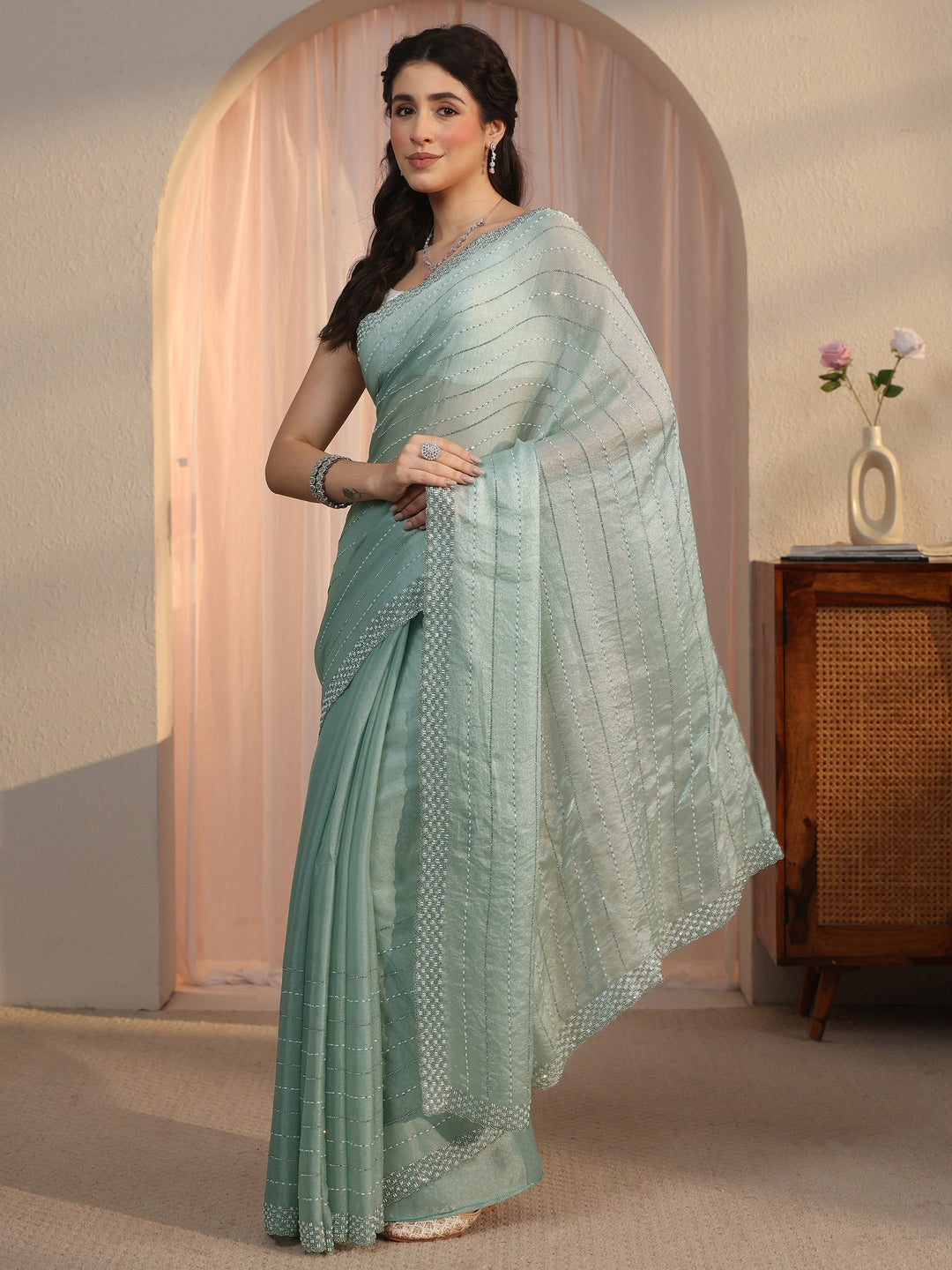 Libas Powder Blue Embellished Tissue Saree