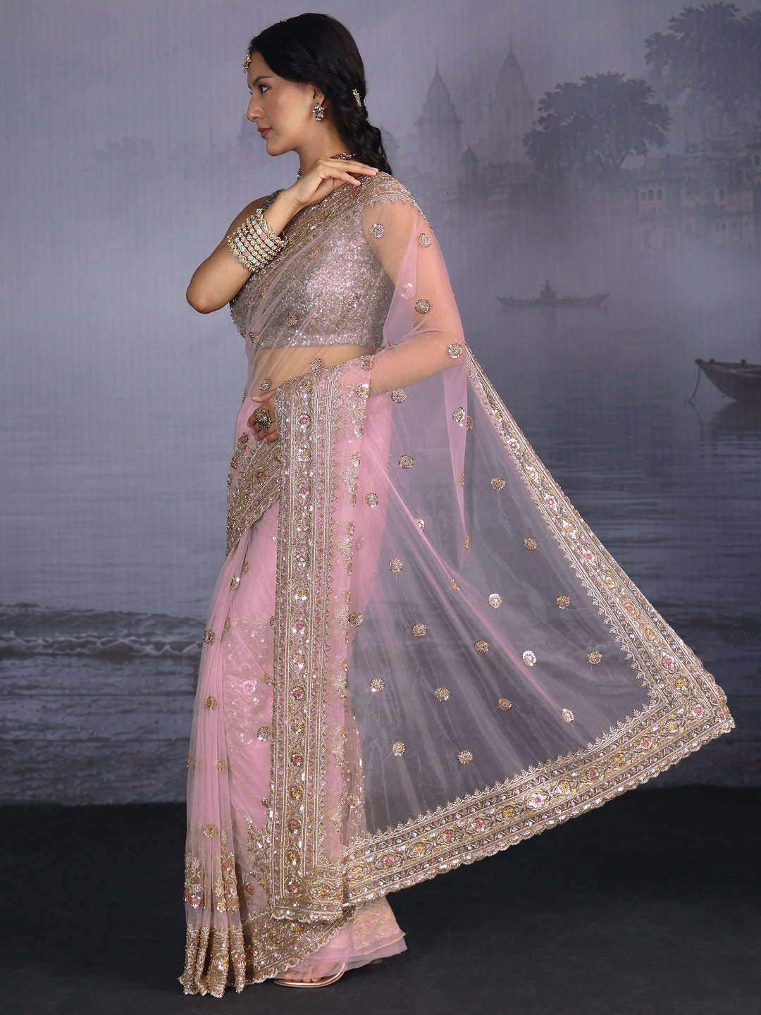 Libas Art Pink Floral Embellished Net Saree with Scalloped Border