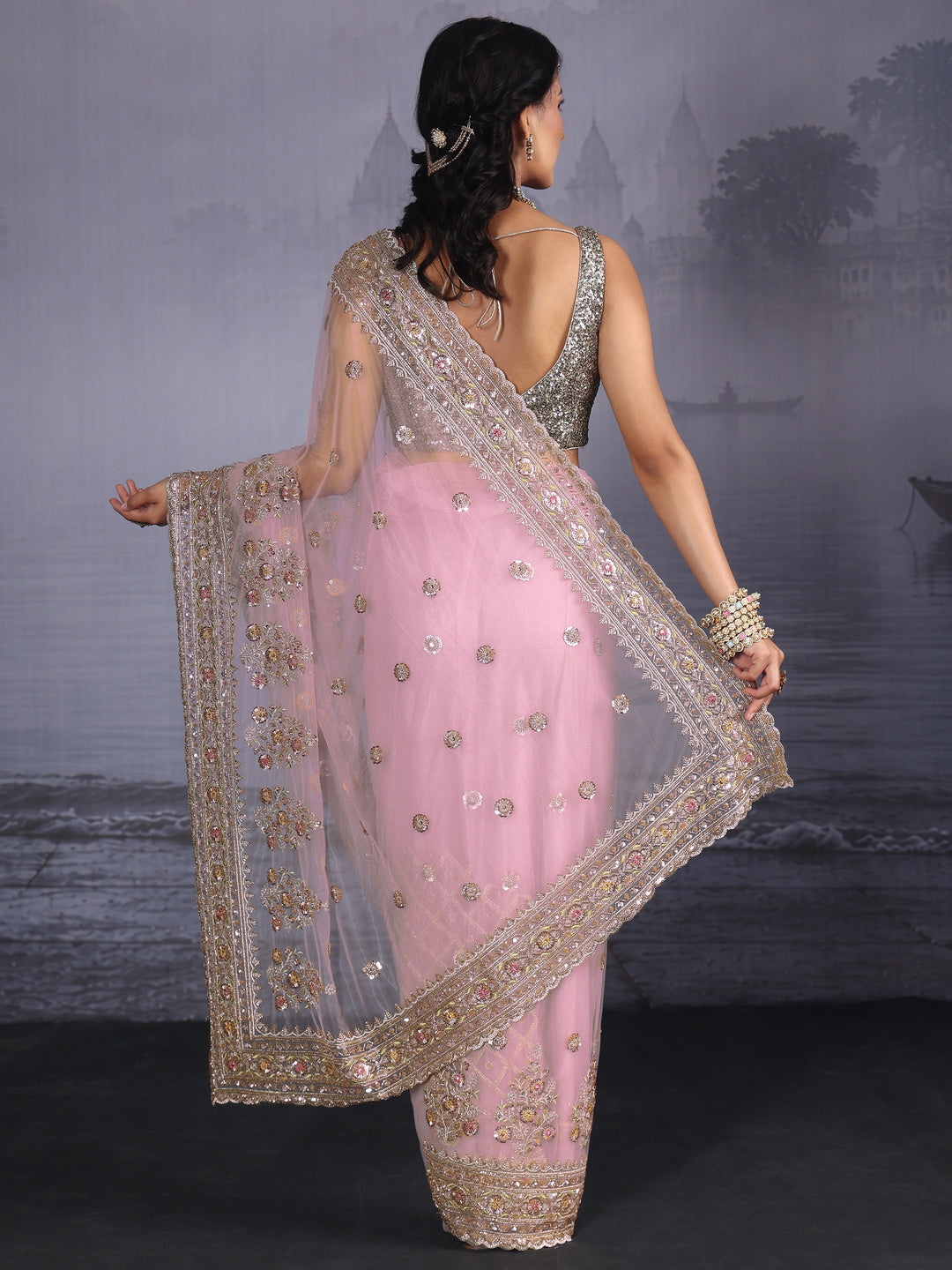 Libas Art Pink Floral Embellished Net Saree with Scalloped Border