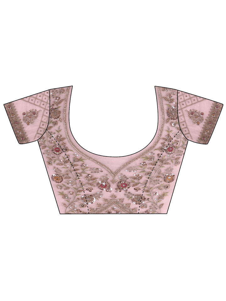 Libas Art Pink Floral Embellished Net Saree with Scalloped Border