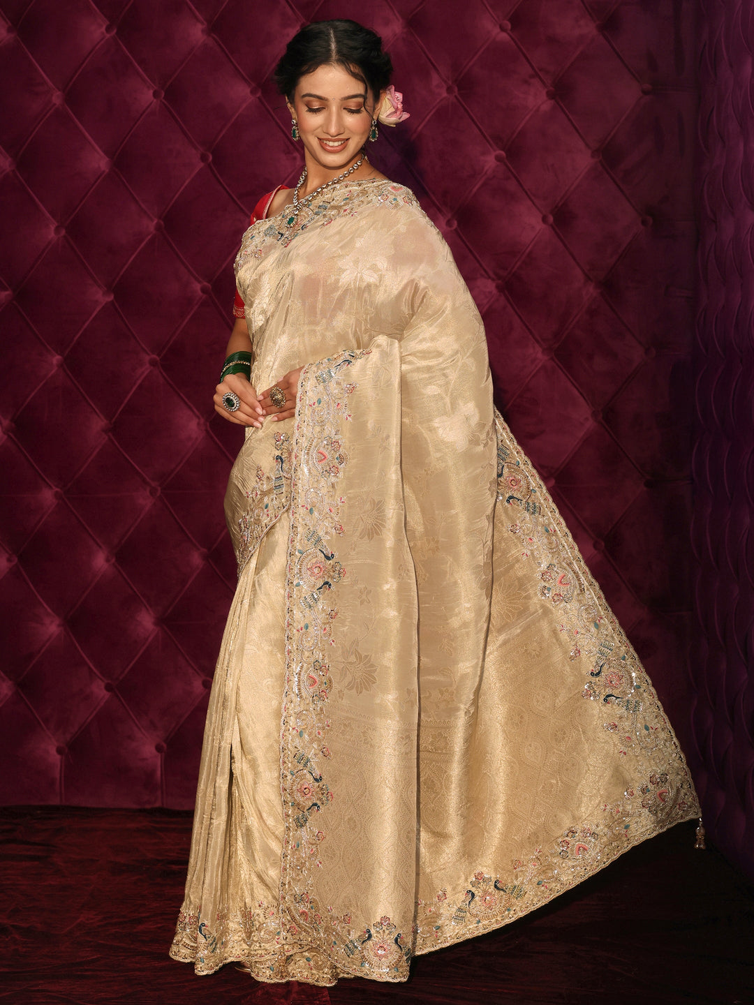 Libas Art Golden Woven Design Silk Blend Saree with Embroidered Border