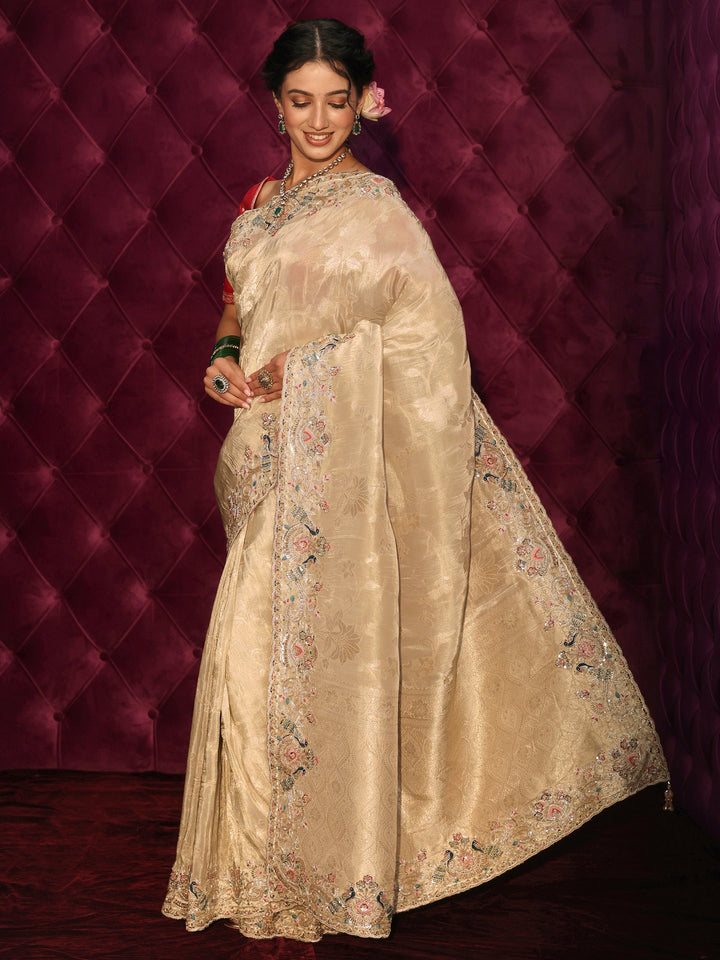 Libas Art Golden Woven Design Silk Blend Saree with Embroidered Border