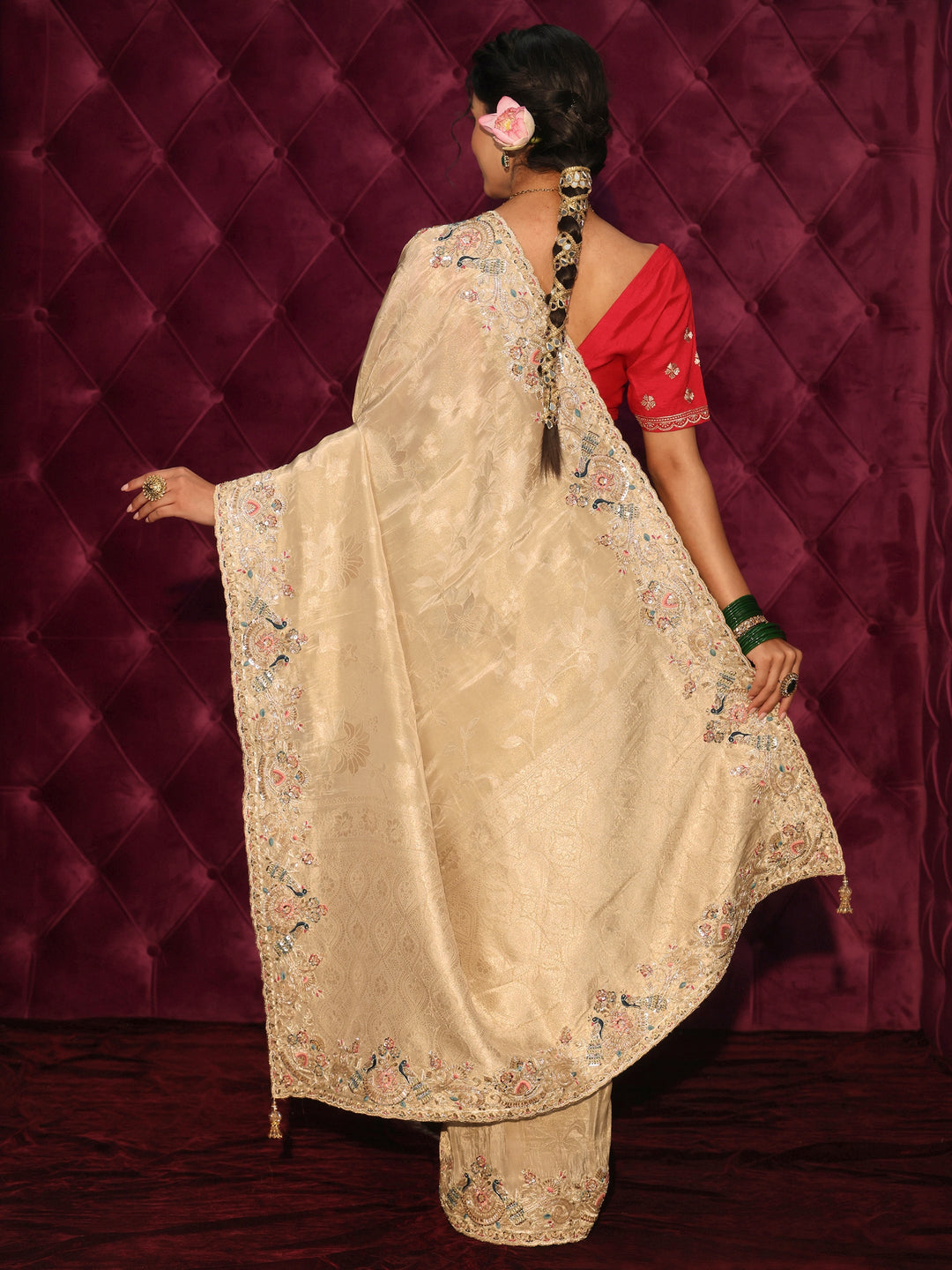 Libas Art Golden Woven Design Silk Blend Saree with Embroidered Border