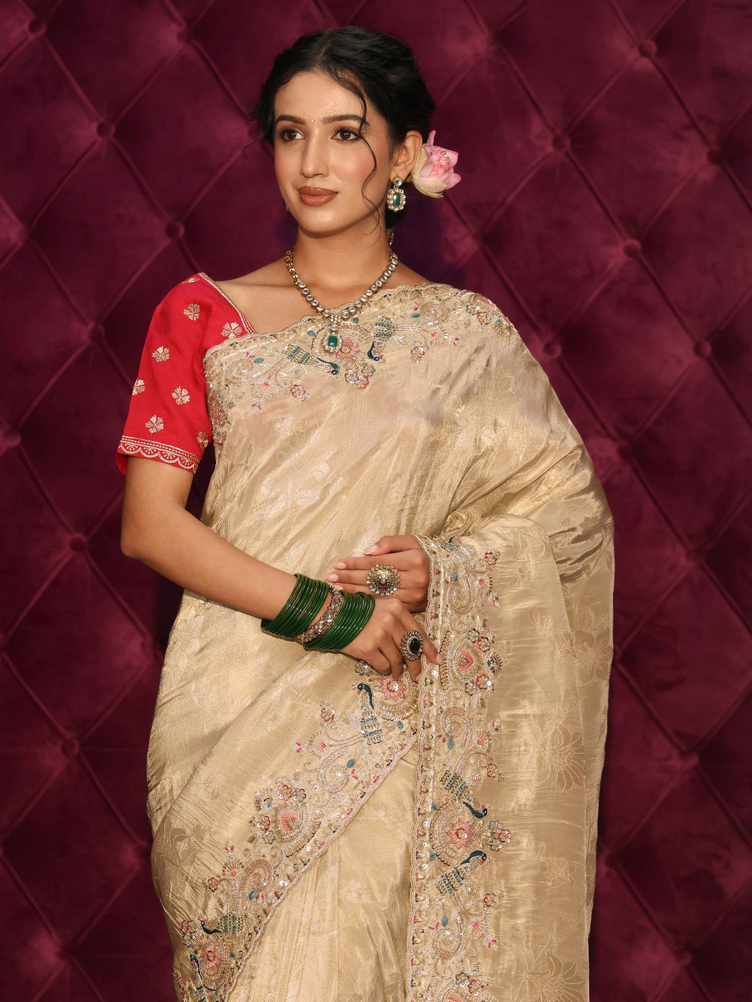 Libas Art Golden Woven Design Silk Blend Saree with Embroidered Border