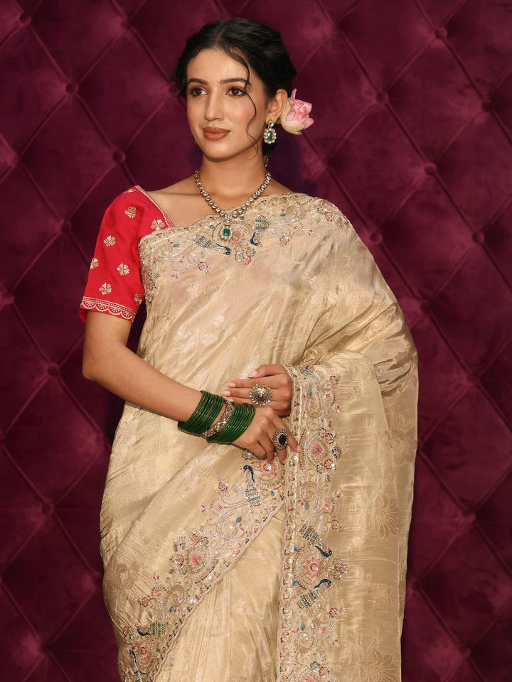 Libas Art Golden Woven Design Silk Blend Saree with Embroidered Border