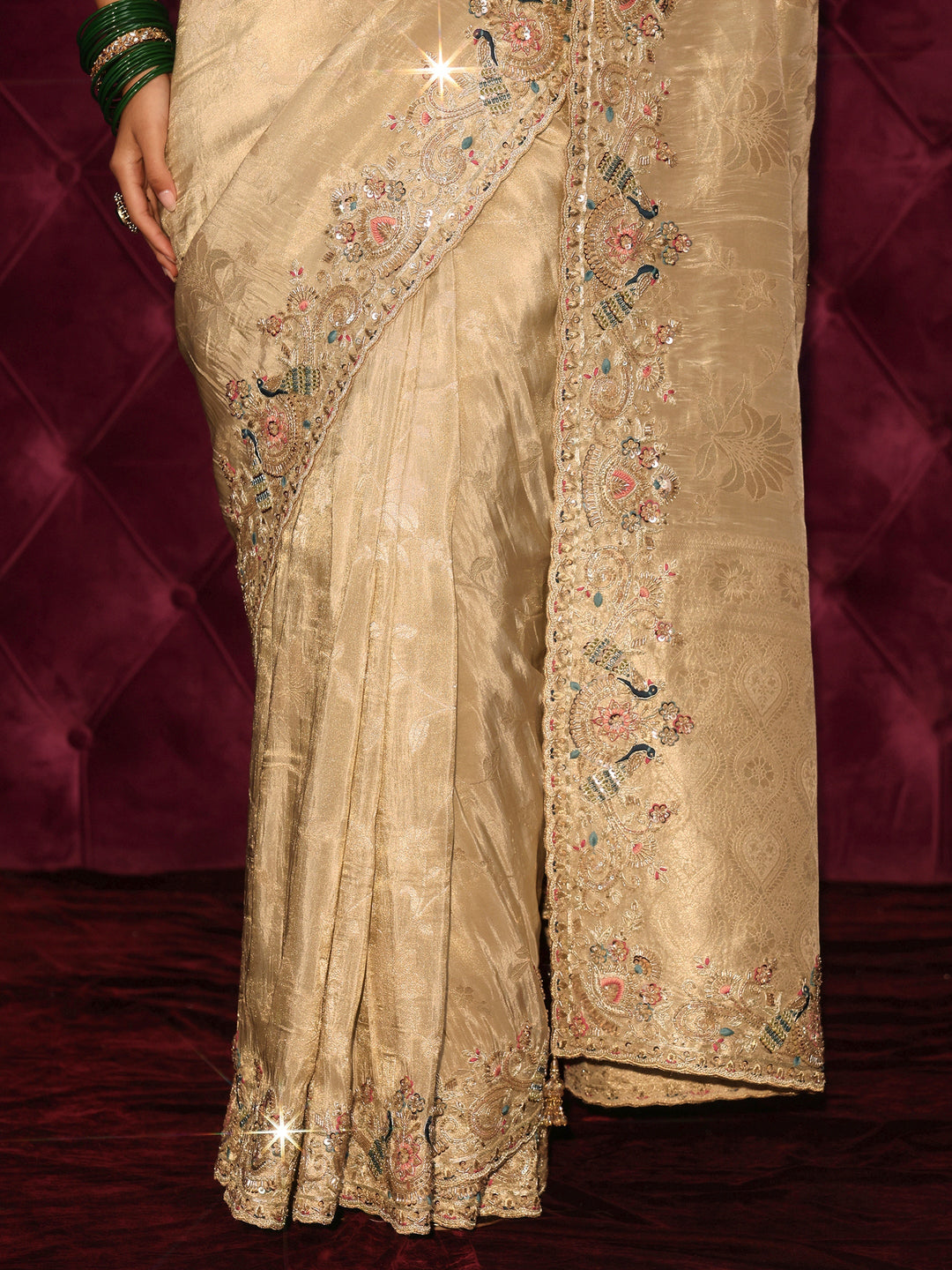 Libas Art Golden Woven Design Silk Blend Saree with Embroidered Border
